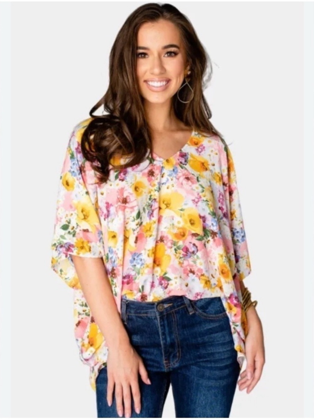 Buddy Love Floral V‑Neck Dolman Sleeve Top in Pink and Yellow